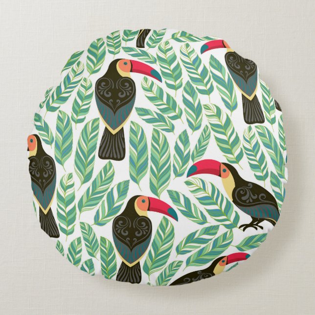 Toucans, tropical leaves, decorative pattern. round pillow (Front)