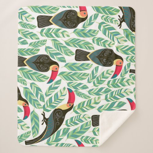 Toucans tropical leaves decorative pattern sherpa blanket