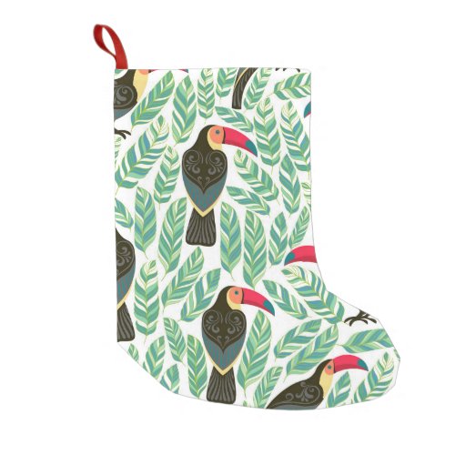 Toucans tropical leaves decorative pattern small christmas stocking