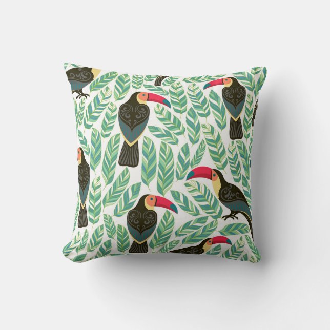 Toucans, tropical leaves, decorative pattern. throw pillow (Front)