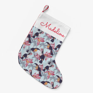 Toucans With Exotic Flowers   Add Your Name Small Christmas Stocking