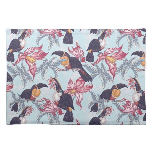 Toucans With Exotic Flowers Cloth Placemat (Front)