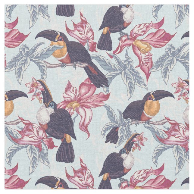 Toucans With Exotic Flowers Fabric (Close Up)