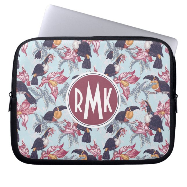 Toucans With Exotic Flowers | Monogram Laptop Sleeve (Front)