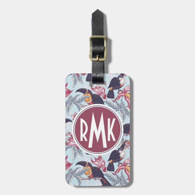 Toucans With Exotic Flowers | Monogram Luggage Tag (Front Vertical)