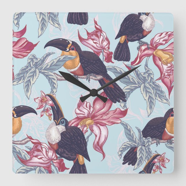 Toucans With Exotic Flowers Square Wall Clock (Front)