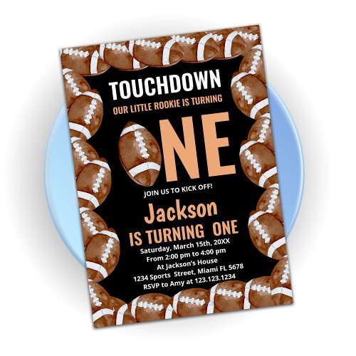 Touch Down One Black Football Birthday Invitations