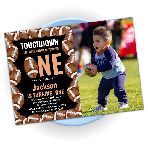 Touch Down One Black Football Birthday With Photo Invitation