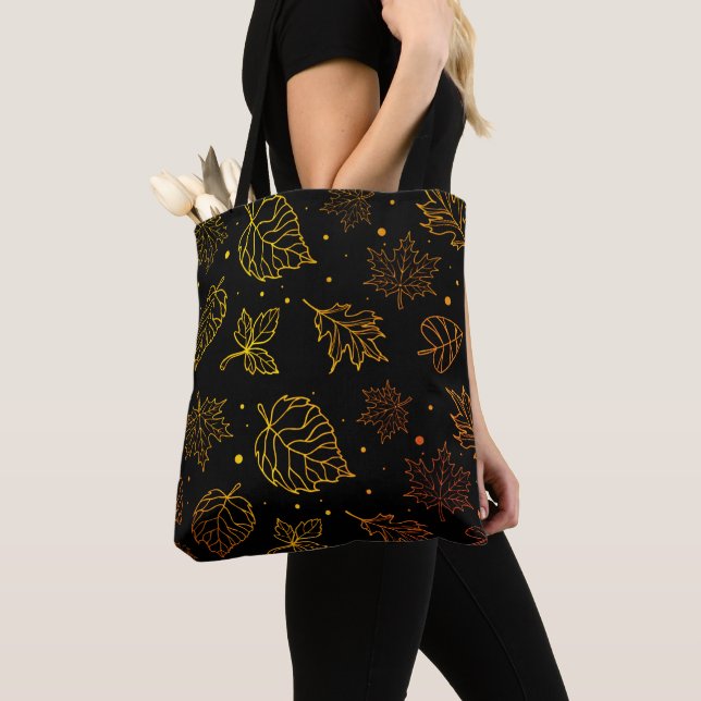 Touch of Elegance Copper Leaves on Black  Tote Bag (Close Up)