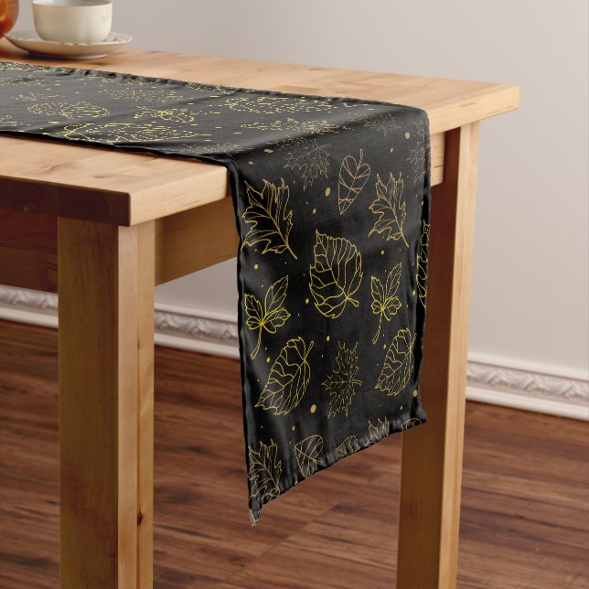 Touch of Elegance Golden Leaves on Black  Medium Table Runner (In Situ)