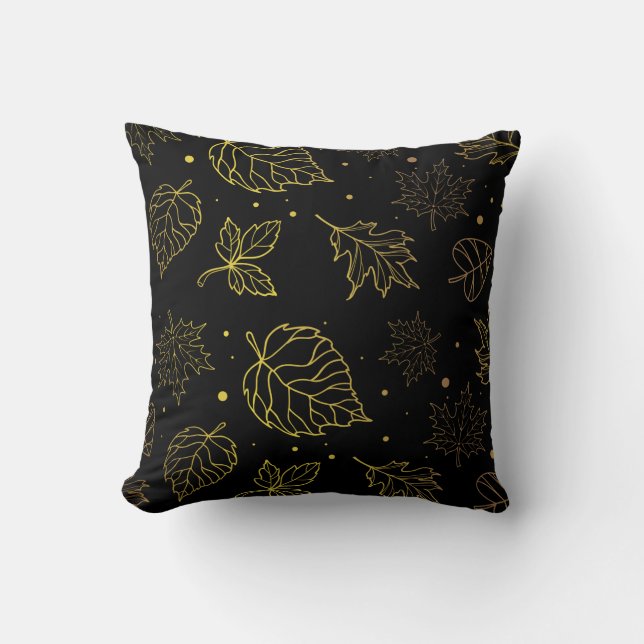 Touch of Elegance Golden Leaves on Black  Ping Pon Throw Pillow (Front)