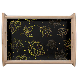 Touch of Elegance Golden Leaves on Black  Serving Tray