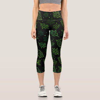Touch of Elegance Green Leaves on Black Capri Leggings
