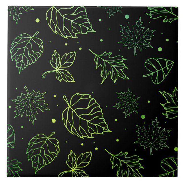 Touch of Elegance Green Leaves on Black  Ceramic Tile (Front)