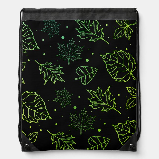 Touch of Elegance Green Leaves on Black  Drawstring Bag (Front)