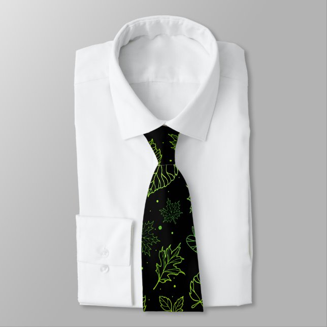 Touch of Elegance Green Leaves on Black  Neck Tie (Tied)