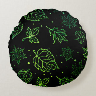 Touch of Elegance Green Leaves on Black Round Pillow