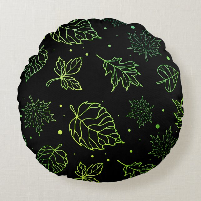 Touch of Elegance Green Leaves on Black  Round Pillow (Front)