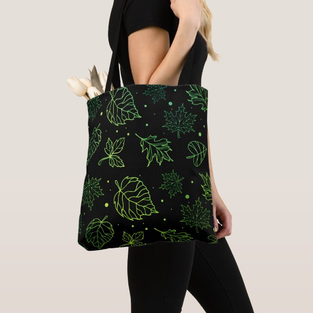 Touch of Elegance Green Leaves on Black  Tote Bag (Close Up)