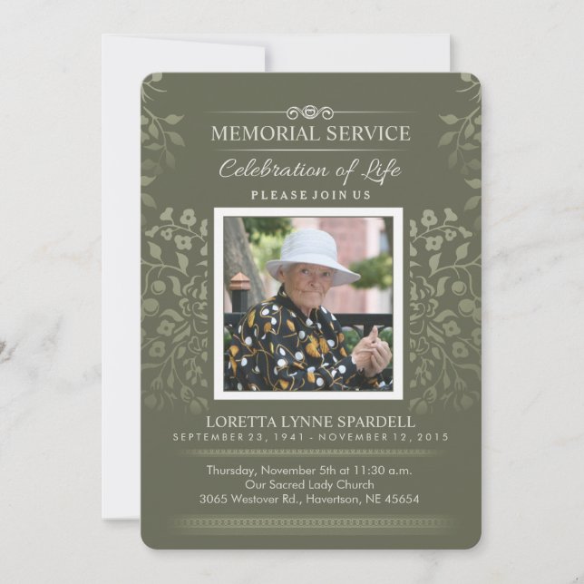Touch of Gold Floral Memorial Service Photo Invite (Front)