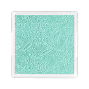 Touch of Green Floral Embroidered Look Acrylic Tray