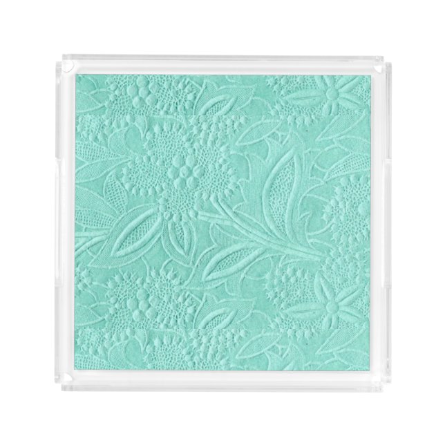 Touch of Green Floral Embroidered Look Acrylic Tray (Front)