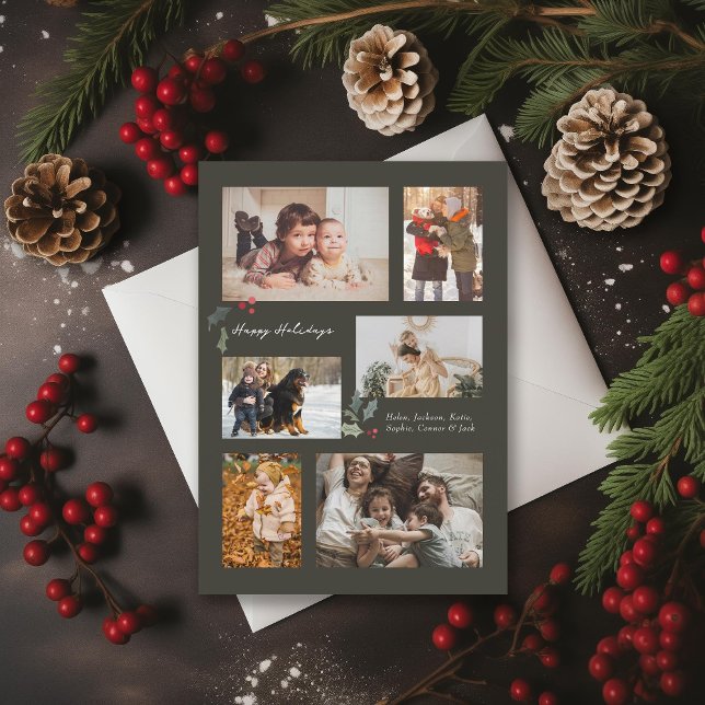 Touch of Holly Minimal Photo Collage Gray Holiday Card (Creator Uploaded)