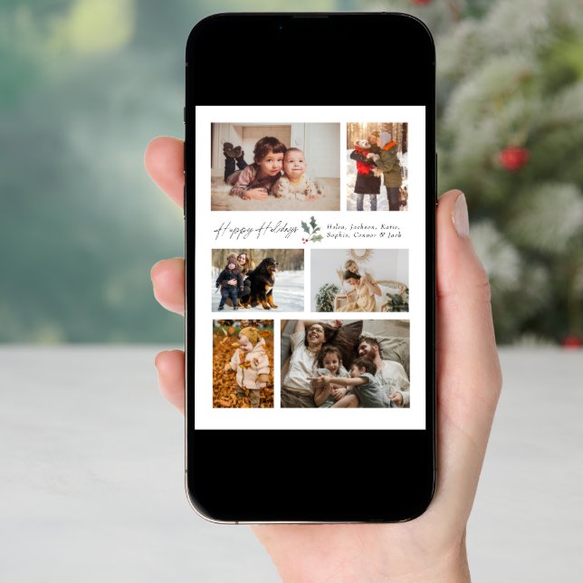 Touch of Holly Minimal Photo Collage Happy Holiday Card (Front Digital)