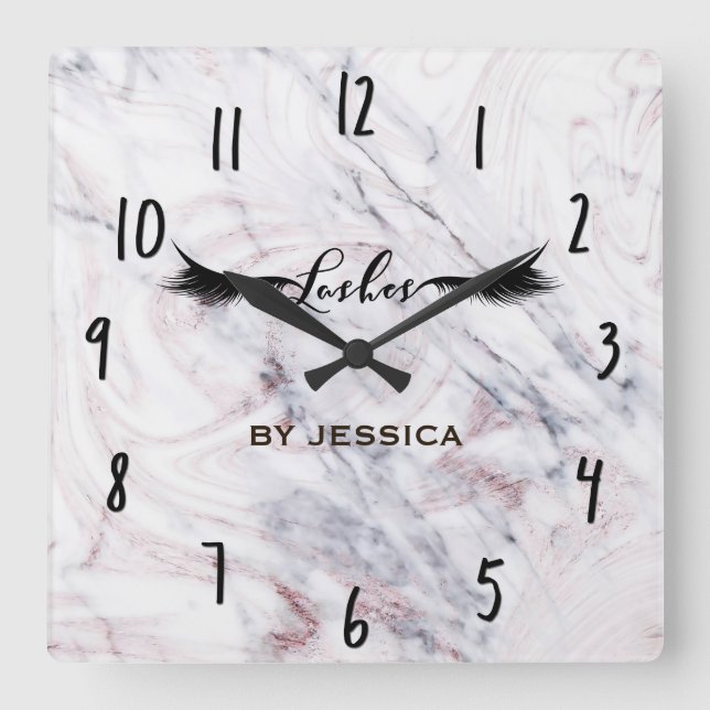 Touch of Rose Marble Lashes Salon Personalized Square Wall Clock (Front)