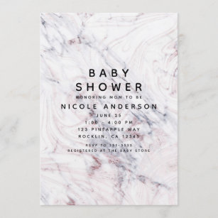 Touch of Rose White Grey Marble Swirl Baby Shower Invitation