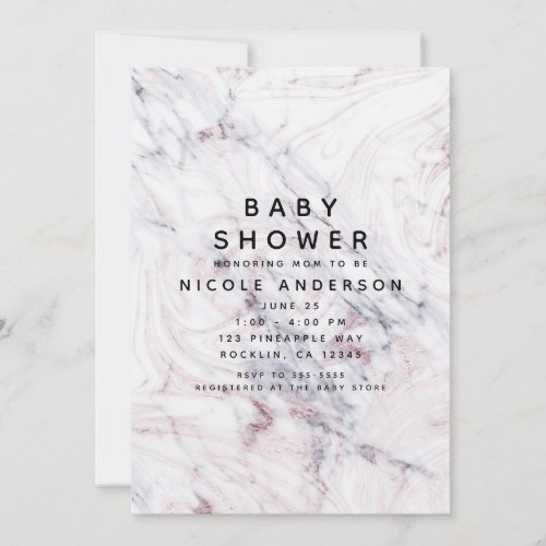 Touch of Rose White Grey Marble Swirl Baby Shower Invitation