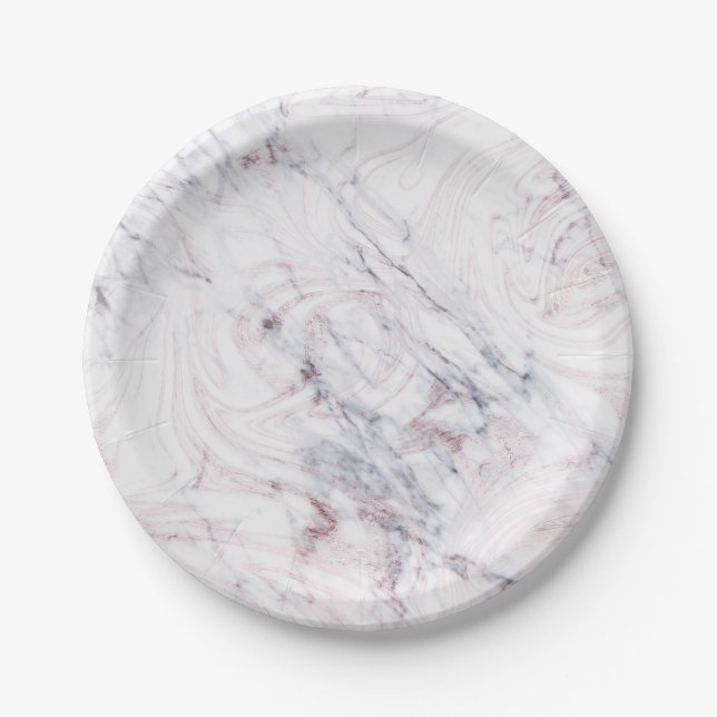 Touch of Rose White & Grey Marble Swirl Chic Party Paper Plates (Front)