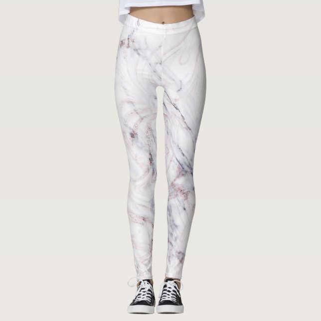 Touch of Rose White Grey Marble Swirl Chic Trendy Leggings (Front)