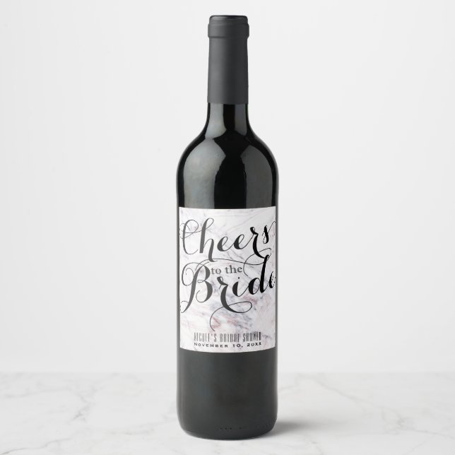 Touch of Rose White & Grey Marble Swirl Chic Wine Label (Front)
