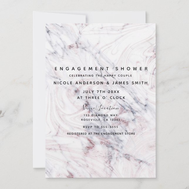 Touch of Rose White Grey Marble Swirl Engagement Invitation (Front)