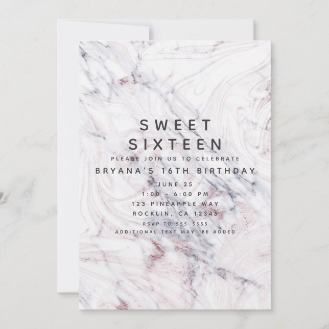 Touch of Rose White Grey Marble Swirl Sweet 16 Invitation (Front)