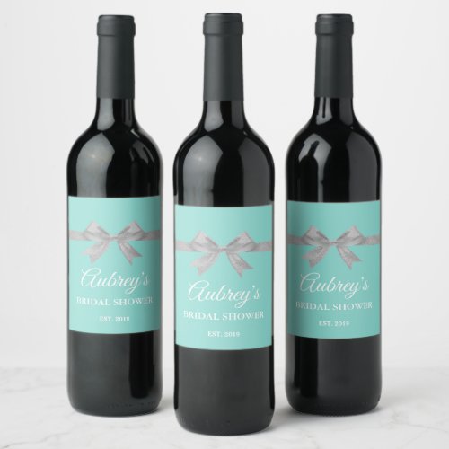 Touch Of Silver Bridal  Shower Teal Blue Party Wine Label
