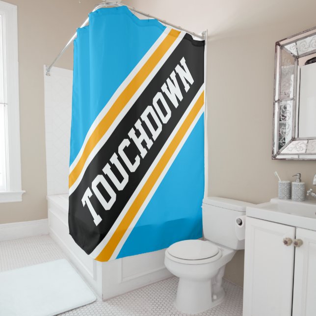 TOUCHDOWN Azure Blue Orange Black Racing Stripes Shower Curtain (In Situ)