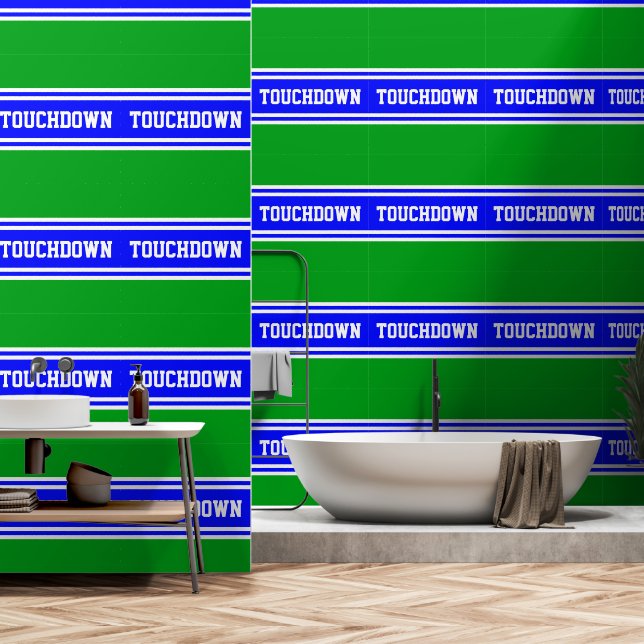 TOUCHDOWN Bright Blue White Green Racing Stripes Wallpaper (Bathroom)