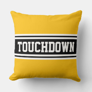 TOUCHDOWN Bright Yellow Orange Black White Stripes Throw Pillow