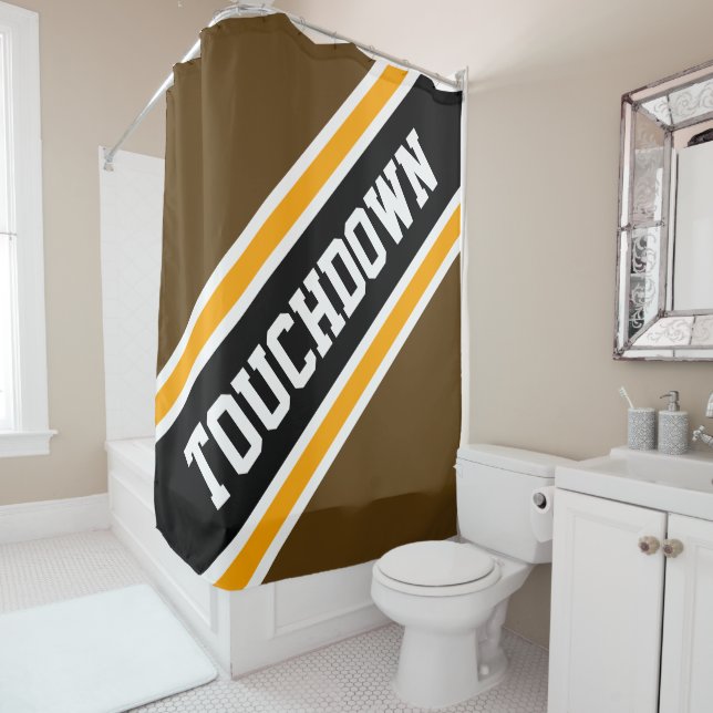TOUCHDOWN Brown Orange Black Racing Stripes Shower Curtain (In Situ)