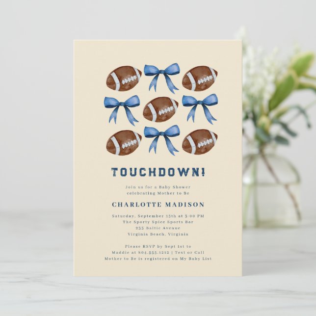 Touchdown Football  and Bows Baby Shower  Invitation (Standing Front)