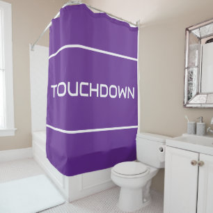 TOUCHDOWN Modern White Text Stripes On Bold Purple Shower Curtain