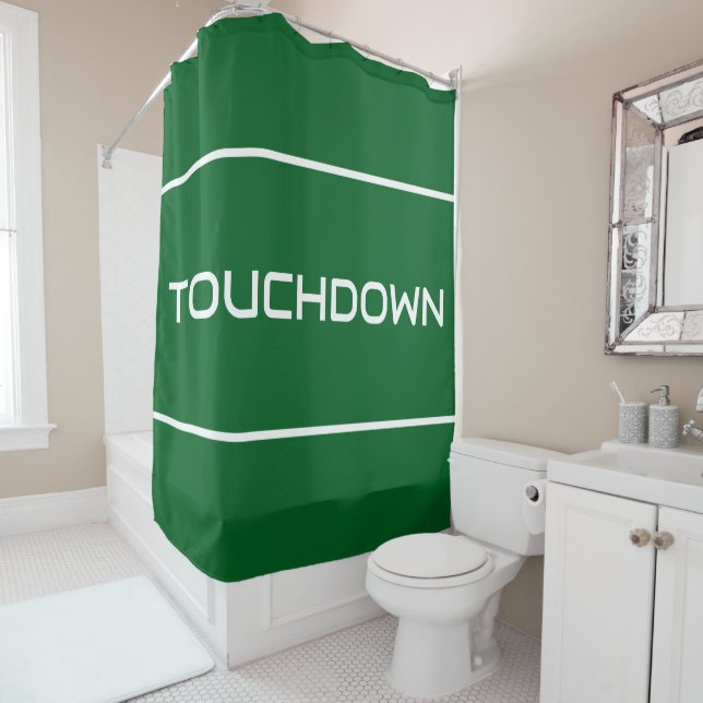 TOUCHDOWN Modern White Text Stripes On Deep Green Shower Curtain (In Situ)