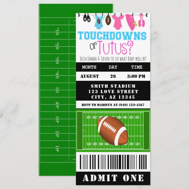 Touchdown or Tutus Football Ticket Gender Reveal Invitation (Front/Back)