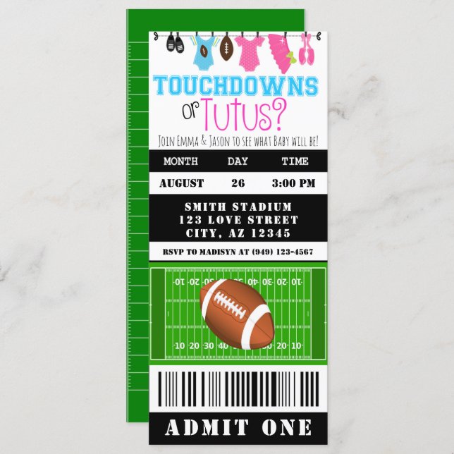 Touchdown or Tutus Football Ticket Gender Reveal Invitation (Front/Back)