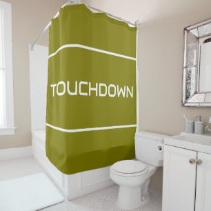 TOUCHDOWN Sleek Modern White Text Stripes On Olive Shower Curtain