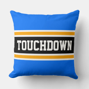 TOUCHDOWN Sporty Bright Blue Black Orange Stripes Throw Pillow