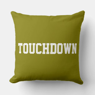 TOUCHDOWN Sporty White Football Text On Olive Throw Pillow