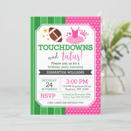 Touchdowns and Tutus Birthday Invitations Zazzle